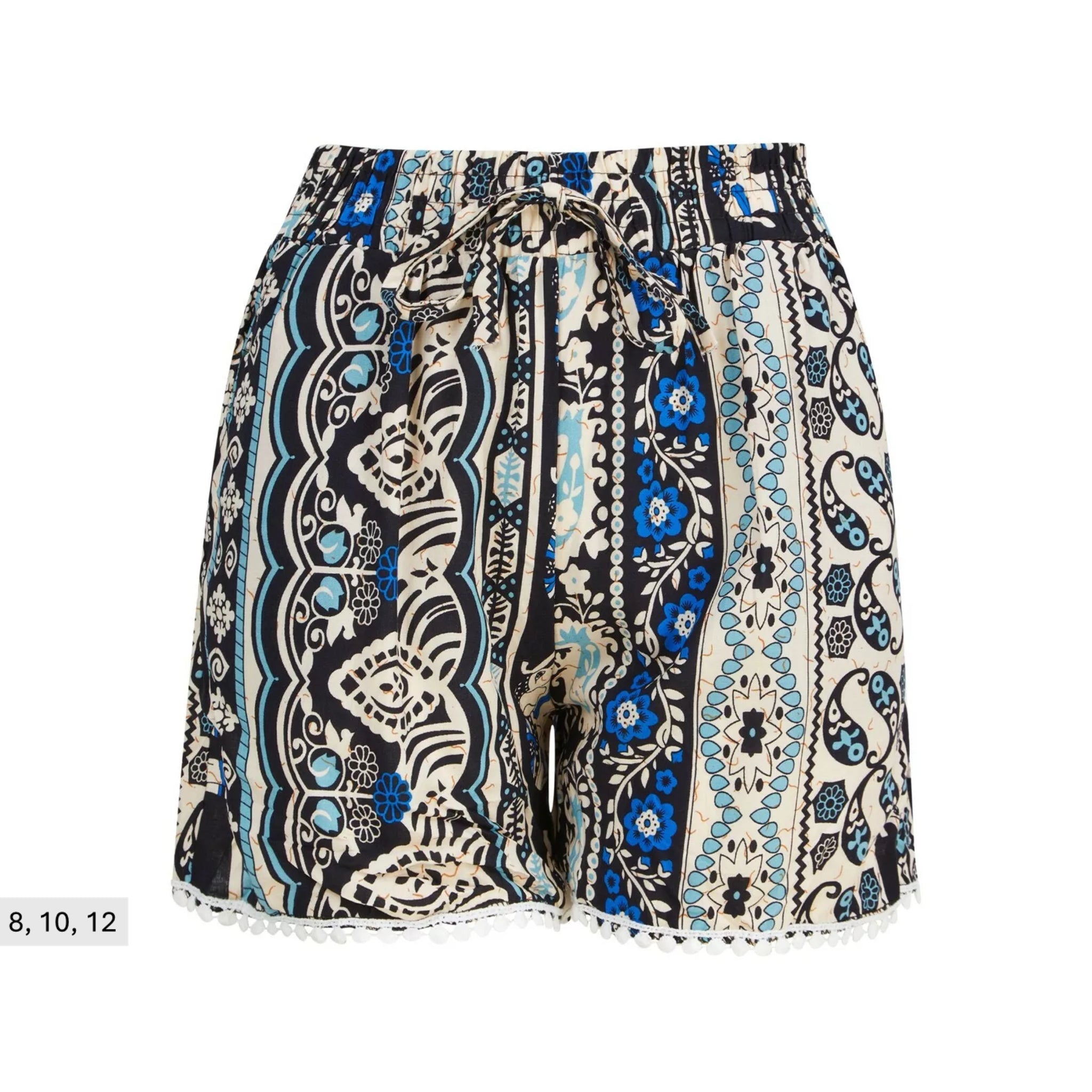 Ladies' beige and blue 100% cotton elephant print shorts with boho pattern, drawstring waist, and pom-pom hem – lightweight summer holiday shorts